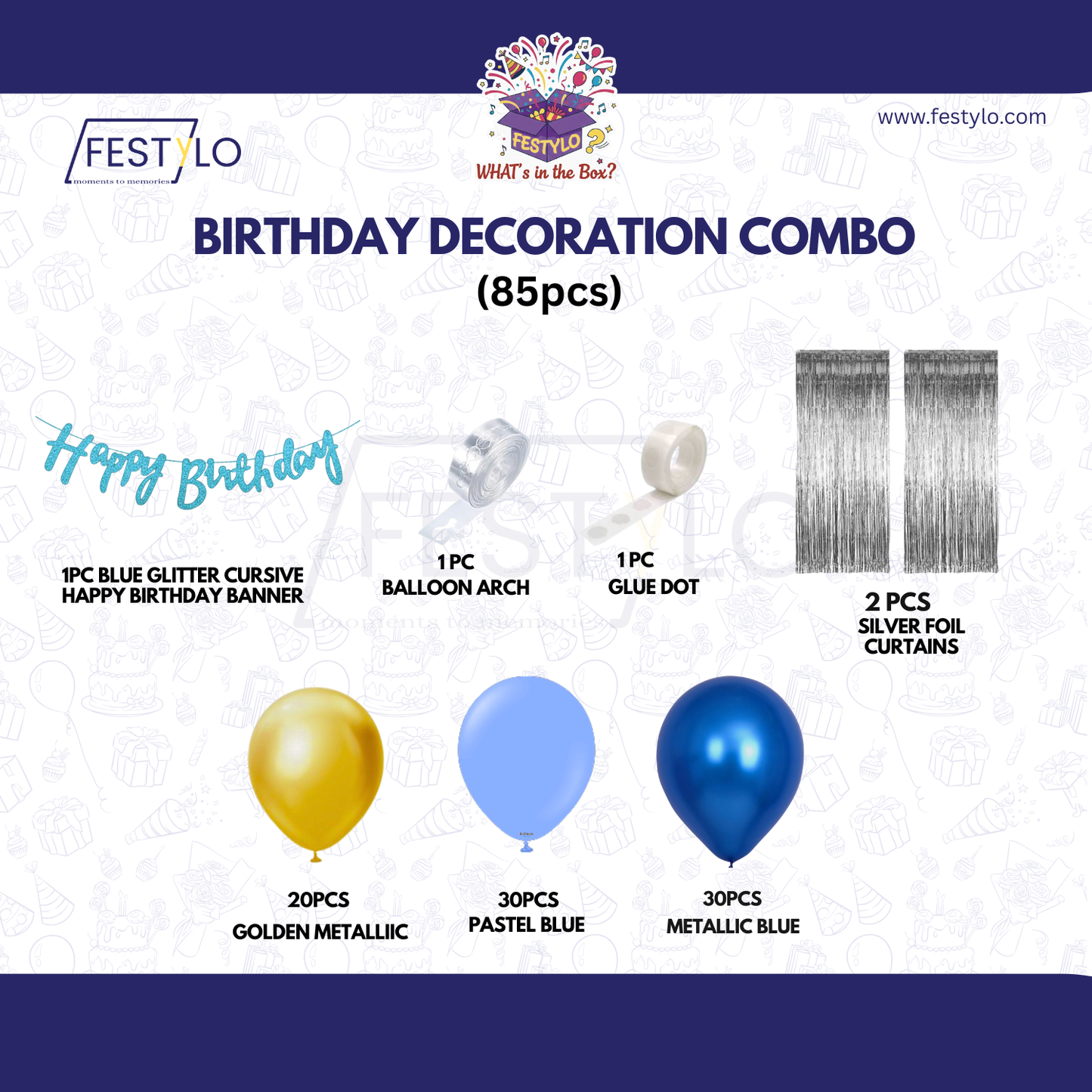 Blue & Gold Birthday Decoration Combo (85 pcs)