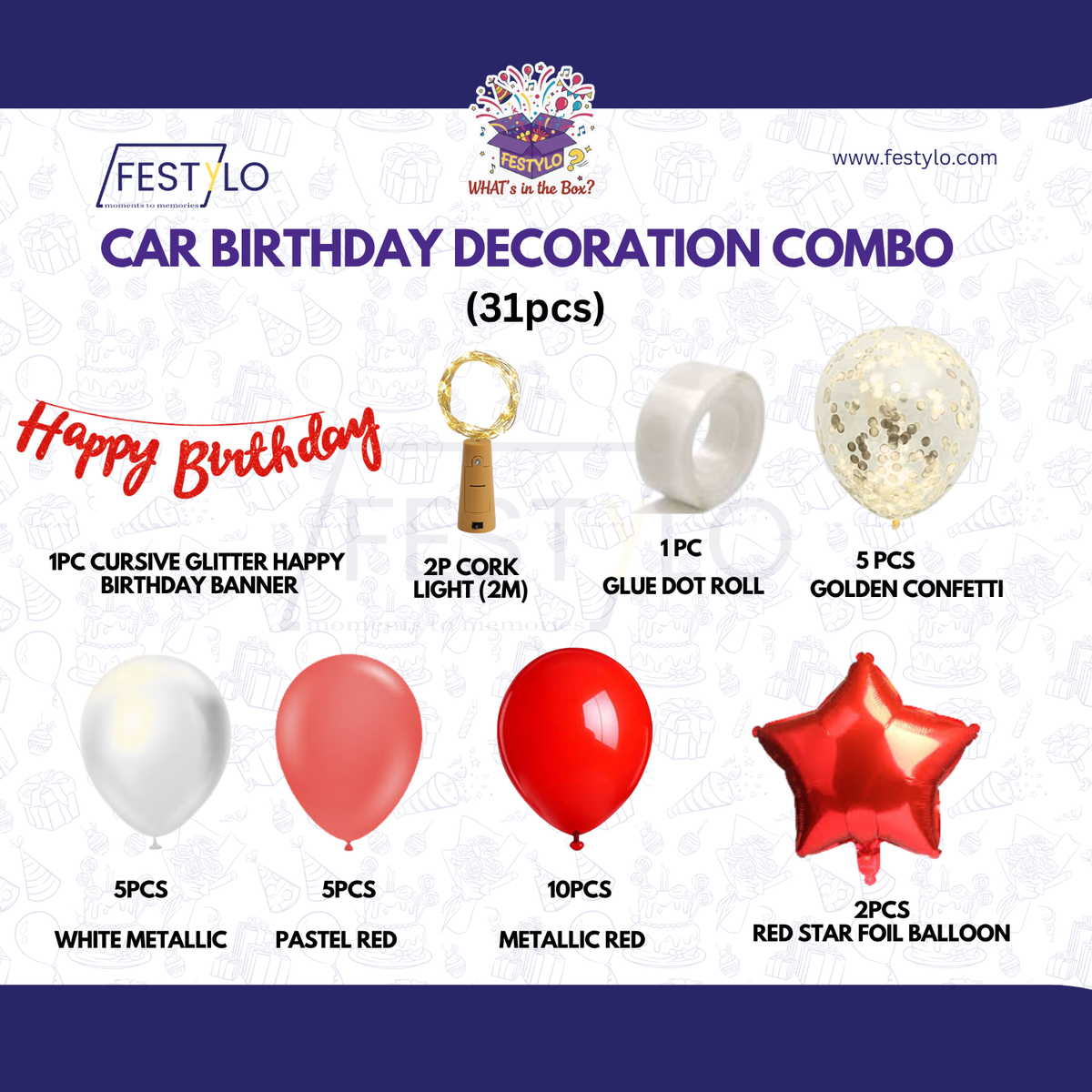 Car Birthday Decoration Combo – 31 Pcs | Red & White