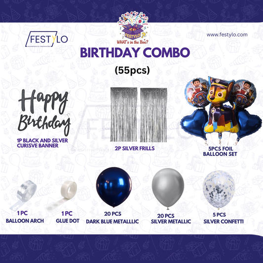 Paw Patrol Blue Silver Birthday Decoration Combo (55 Pcs)