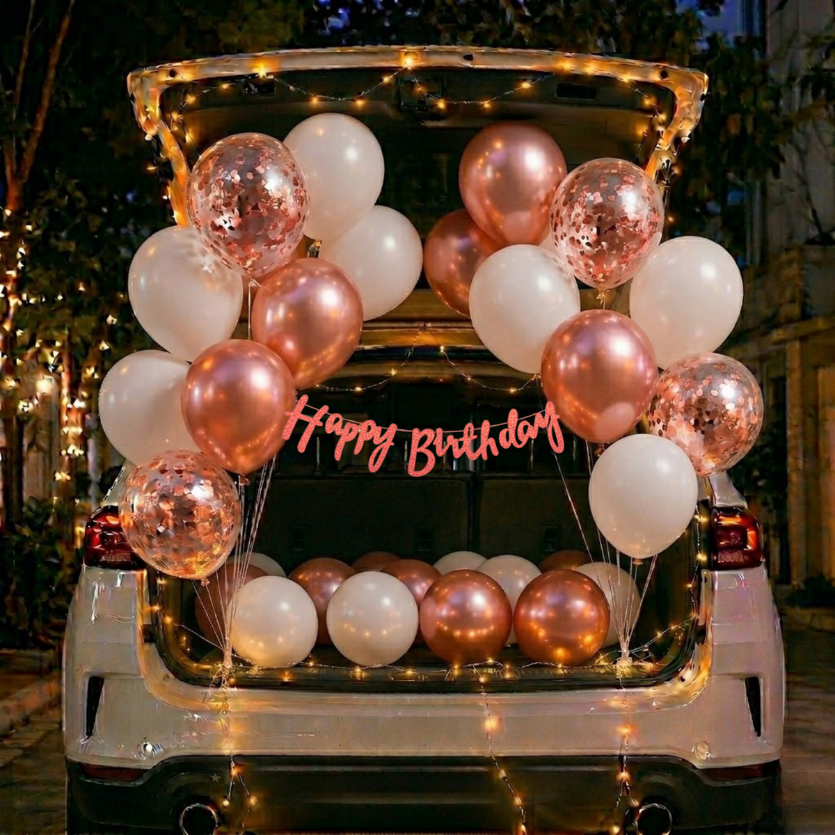 Car Birthday Decoration Combo – 29 Pcs | Rose Gold & White